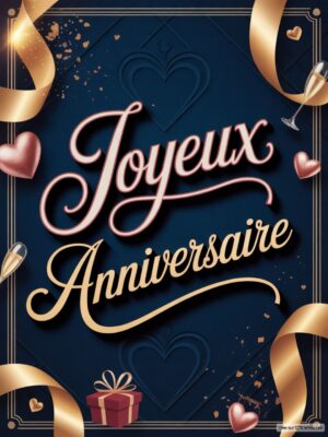 Carte virtuelle anniversaire élégante, fond bleu nuit, rubans or et cœurs roses, animée.