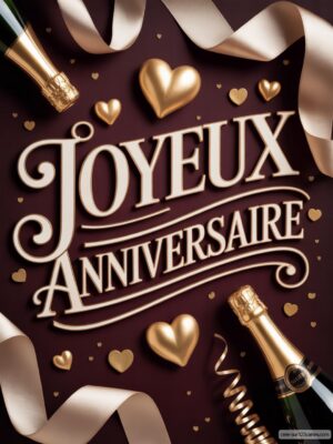 Carte virtuelle anniversaire élégante, texte doré sur fond bordeaux, champagne et cœurs.