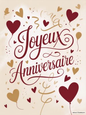 Carte virtuelle anniversaire élégante, typographie bordeaux et cœurs dorés animés.
