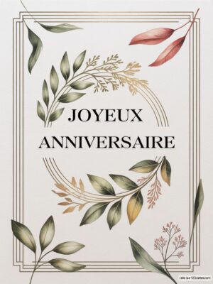 Carte virtuelle anniversaire élégante, feuillage vert et doré encadré, fond clair.