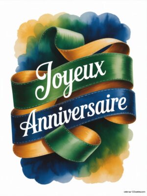 Carte virtuelle anniversaire avec rubans vert, bleu «Joyeux Anniversaire«, fond aquarelle bleu et jaune.