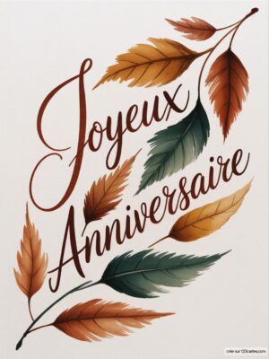 Carte virtuelle anniversaire automne avec écriture cursive marron et feuilles sépia et vertes.