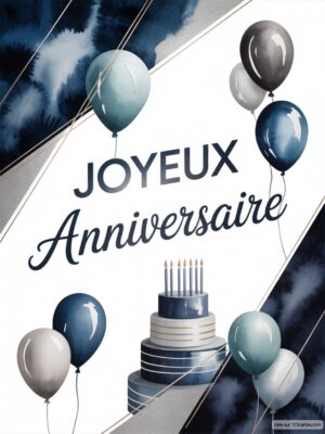 Carte virtuelle anniversaire homme bleu marine, gâteau et ballons, design moderne.