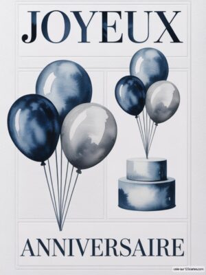 Carte virtuelle anniversaire sobre, ballons et gâteau bleu marine aquarelle, design numérique.