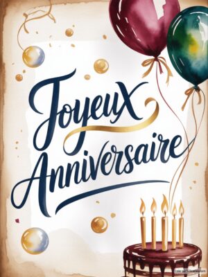 Carte virtuelle anniversaire élégante, calligraphie bleue et or, ballons et gâteau, fond vintage.