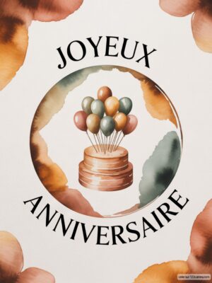 Carte virtuelle anniversaire avec gâteau et ballons aquarelle tons terreux, design numérique.