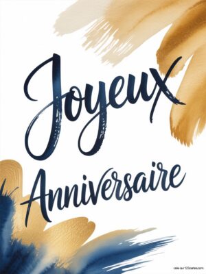 Carte virtuelle anniversaire élégante, texte bleu marine sur fond blanc, touches or et bleu aquarelle.