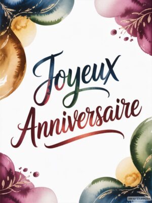 Carte virtuelle anniversaire aquarelle, texte calligraphié coloré et motifs floraux, animée.