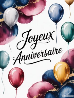 Carte virtuelle Joyeux Anniversaire avec ballons aquarelle bleu, or et rose, fond blanc.