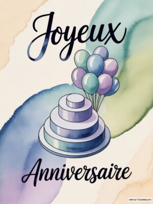 Carte virtuelle anniversaire avec gâteau et ballons pastel, fond aquarelle coloré, animée.
