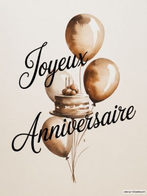 Carte virtuelle anniversaire monochrome avec gâteau et ballons sépia, texte calligraphié.