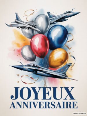 Carte virtuelle Joyeux Anniversaire avec avions de chasse et ballons colorés, ambiance festive et ciel en aquarelle.