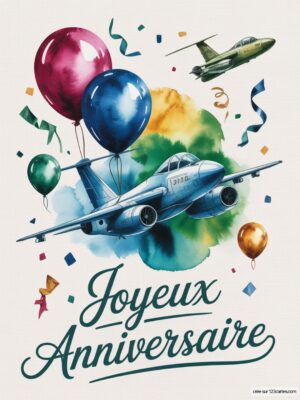 Carte virtuelle Joyeux Anniversaire avec avions bleus, ballons colorés et confettis. Design aquarelle, ambiance festive et animée.