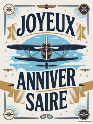 Carte virtuelle Joyeux Anniversaire avec avion vintage bleu et or, nuages et lettrage décoratif, ambiance rétro.