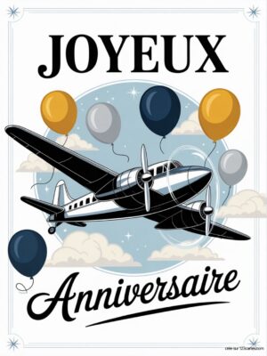 Carte virtuelle Joyeux Anniversaire avec avion vintage noir et blanc, ballons colorés sur fond bleu ciel, design rétro.