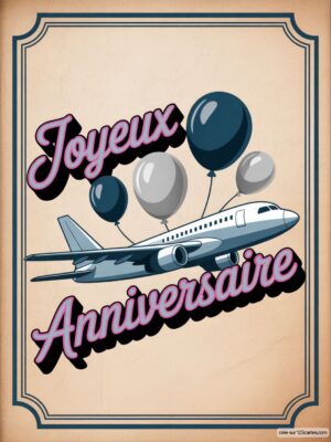 Carte virtuelle Joyeux Anniversaire, avion et ballons bleus et gris sur fond beige, design rétro.