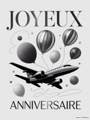 Carte virtuelle Joyeux Anniversaire monochrome, avion et ballons stylisés sur fond clair, design élégant.
