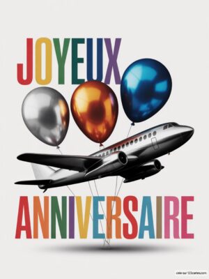 Carte virtuelle anniversaire avec avion et ballons métallisés. Texte 