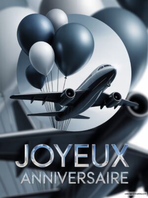 Carte virtuelle Joyeux Anniversaire avec avion et ballons bleus et blancs, design élégant.