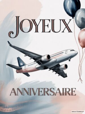 Carte virtuelle anniversaire avec avion, ballons et texte Joyeux Anniversaire, design pastel et élégant.