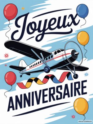 Carte virtuelle Joyeux Anniversaire avec avion rétro, ballons colorés et ruban festif, ambiance vintage.