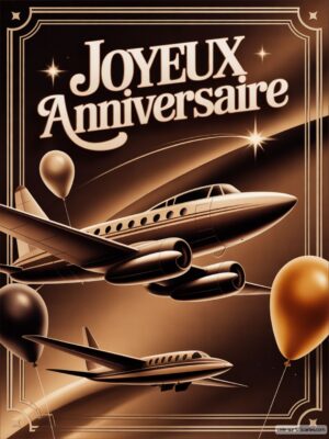 Carte virtuelle Joyeux Anniversaire, design vintage avec avions et ballons, tons sépia et cadre décoratif.