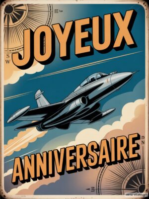 Carte virtuelle Joyeux Anniversaire, style rétro avec avion de chasse sur fond bleu et nuages, texte orange et éléments de boussole.