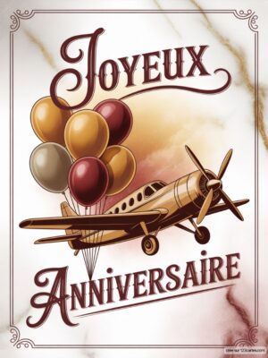 Carte virtuelle Joyeux Anniversaire avec avion vintage et ballons, couleurs chaudes et texte calligraphié.