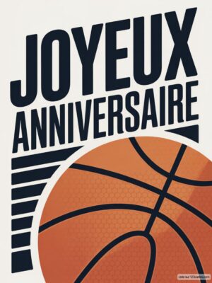 Carte virtuelle anniversaire basket, design graphique noir et orange, fond clair, interactive.