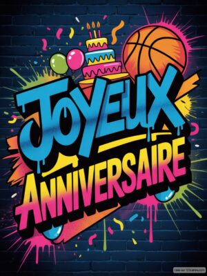 Carte virtuelle anniversaire basket style graffiti, couleurs vives sur fond brique sombre.
