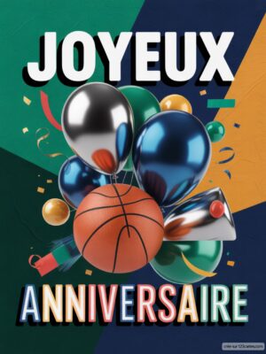 Carte virtuelle anniversaire basket avec ballons brillants et confettis, design numérique dynamique.