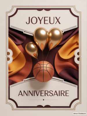 Carte virtuelle anniversaire homme, ballon basket et ballons or sur fond drapé, design chic.