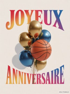 Carte virtuelle anniversaire basket avec ballons or et bleu, texte dégradé, ambiance festive.
