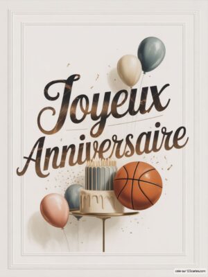 Carte virtuelle anniversaire homme avec ballon basket, gâteau et ballons pastel.