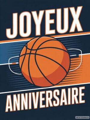 Carte virtuelle anniversaire basketball, design bleu marine et orange avec ballon et panier, animée.