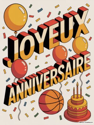 Carte virtuelle anniversaire homme avec texte 3D, ballon basket et gâteau, style rétro.