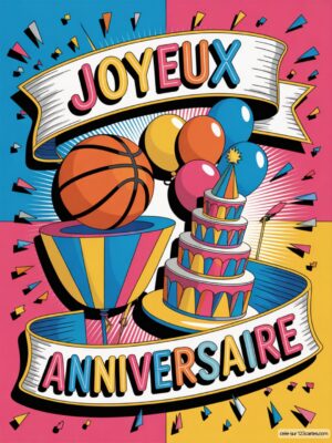 Carte virtuelle anniversaire basket, style pop art coloré avec ballon et gâteau, animée.