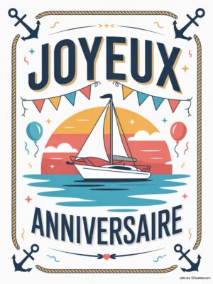 Carte virtuelle anniversaire nautique avec voilier, coucher de soleil et ancres, fond marin.