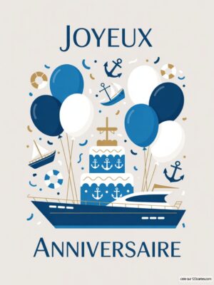 Carte virtuelle anniversaire avec yacht, gâteau et ballons bleus et blancs, animée.