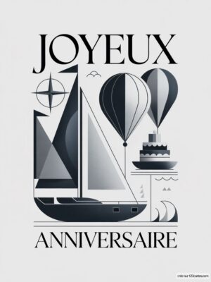Carte virtuelle anniversaire style Art Déco, voilier et montgolfières monochromes.