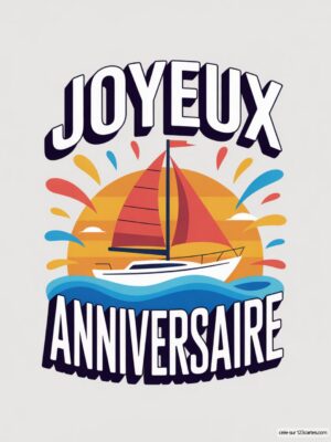 Carte virtuelle anniversaire nautique, voilier sur mer coucher soleil, design coloré animé.