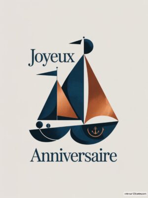 Carte virtuelle anniversaire, voiliers bleu marine et cuivre stylisés, fond clair.