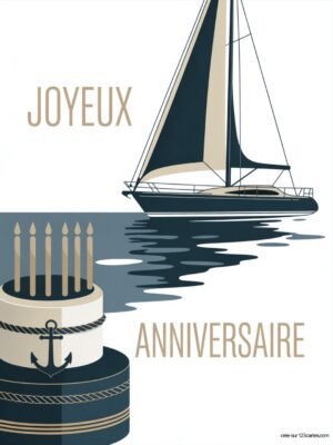 Carte virtuelle anniversaire avec voilier et gâteau marin, design bleu marine et beige, animée.