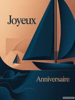 Carte virtuelle anniversaire, voilier bleu marine sur fond ocre, design numérique.