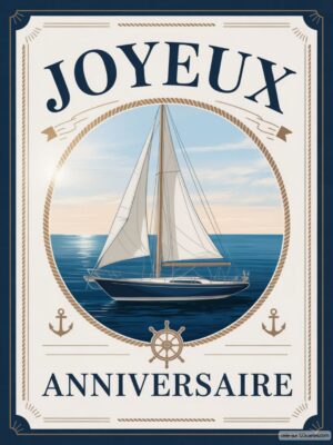 Carte virtuelle anniversaire avec voilier bleu sur mer, design marin numérique.