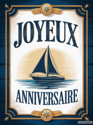 Carte virtuelle anniversaire avec voilier bleu, fond bois marine et boussole.