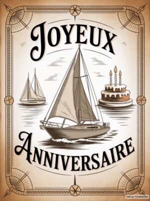 Carte virtuelle anniversaire, dessin sépia voilier et gâteau, style vintage.