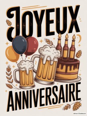 Carte virtuelle anniversaire homme, bières et gâteau animés, ambiance festive