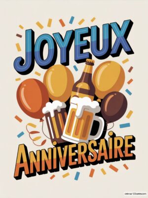 Carte virtuelle anniversaire homme, bières et ballons animés, ambiance festive.