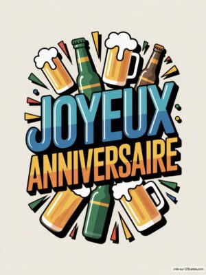 Carte virtuelle anniversaire homme, bières et bouteilles animées, ambiance festive.